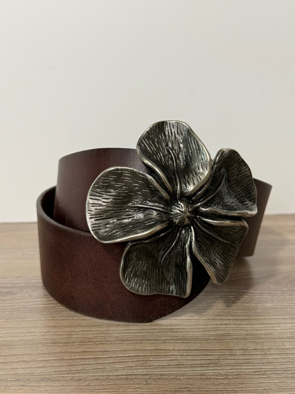 Vintage Brown Leather Belt Antique Silver Floral Buckle Size S